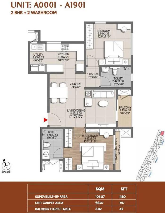 Brigade Lumina Apartments 2 BHK floor plan, about 1,150 sq ft