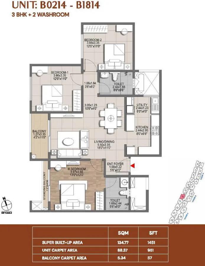 Brigade Lumina Apartments 3 BHK floor plan, about 1,451 sq ft