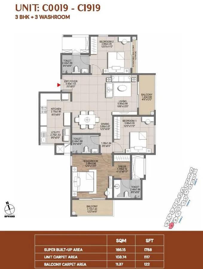 Brigade Lumina Apartments 3 BHK floor plan, about 1,788 sq ft