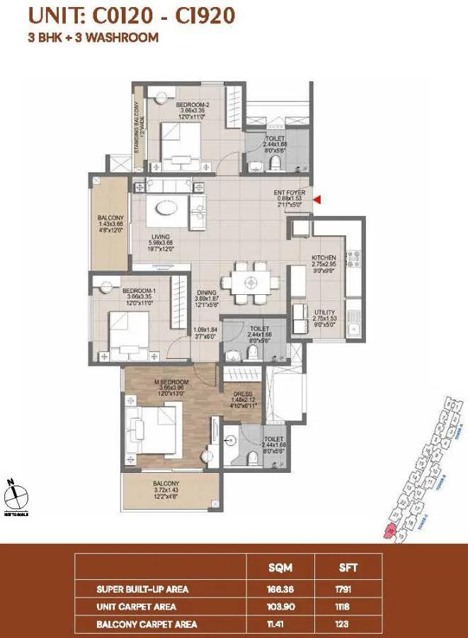 Brigade Lumina Apartments 3 BHK floor plan, about 1,791 sq ft