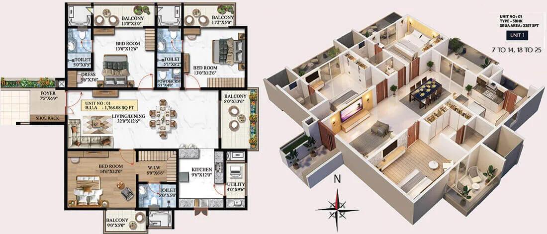 Melange ONE by Vaishnodevi 3 BHK floor plan, about 2,387 sq ft