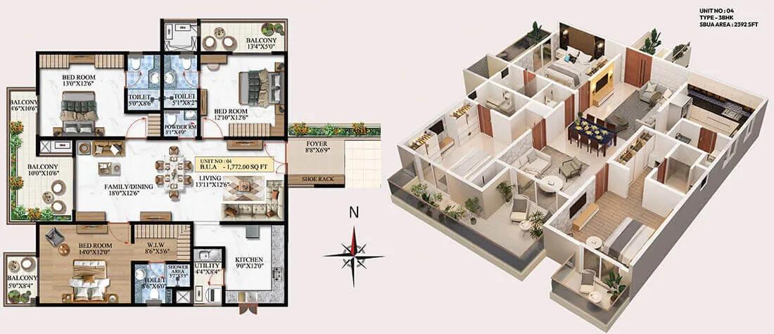 Melange ONE by Vaishnodevi 3 BHK floor plan, about 2,392 sq ft