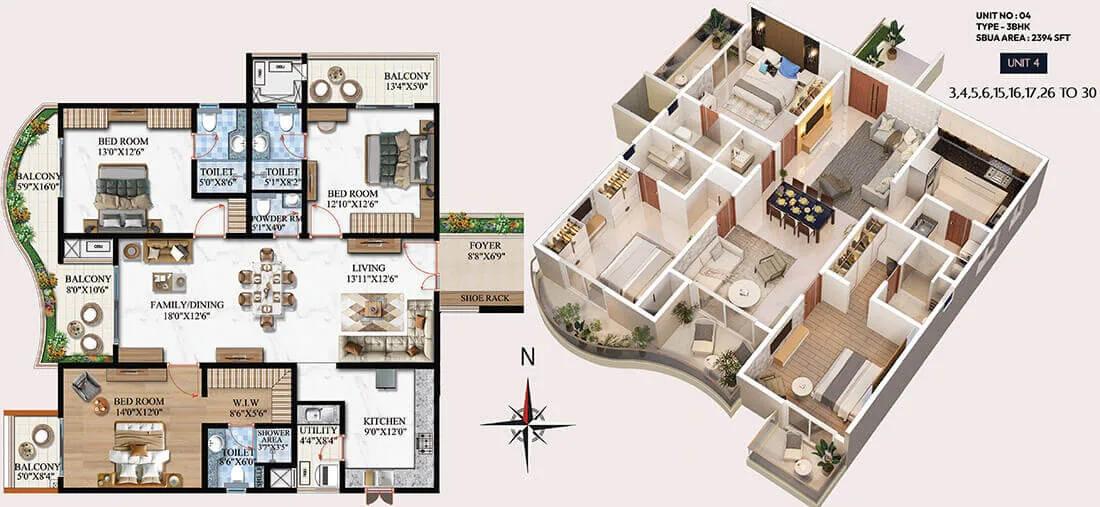 Melange ONE by Vaishnodevi 3 BHK floor plan, about 2,394 sq ft