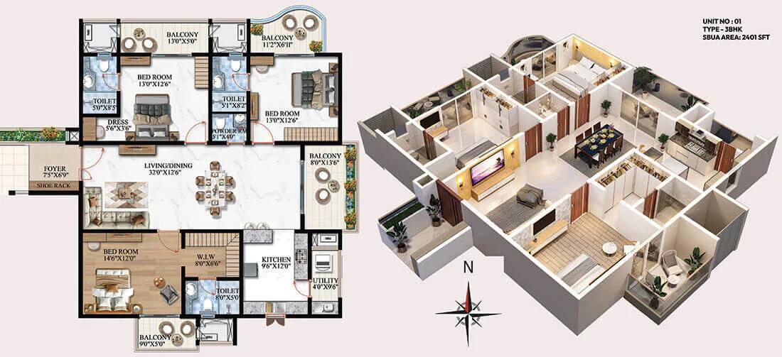 Melange ONE by Vaishnodevi 3 BHK floor plan, about 2,401 sq ft