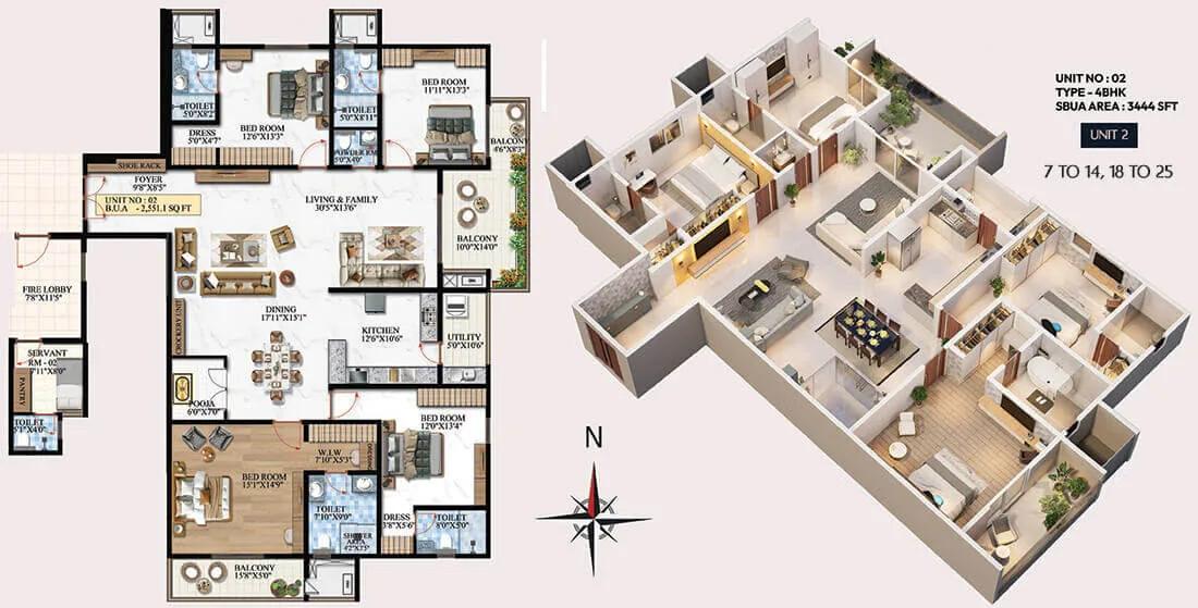 Melange ONE by Vaishnodevi 4 BHK floor plan, about 3,444 sq ft