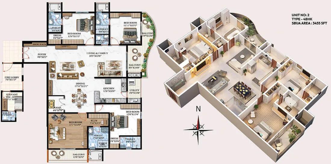 Melange ONE by Vaishnodevi 4 BHK floor plan, about 3,455 sq ft