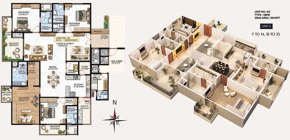 Melange ONE by Vaishnodevi 4 BHK floor plan, about 3,561 sq ft