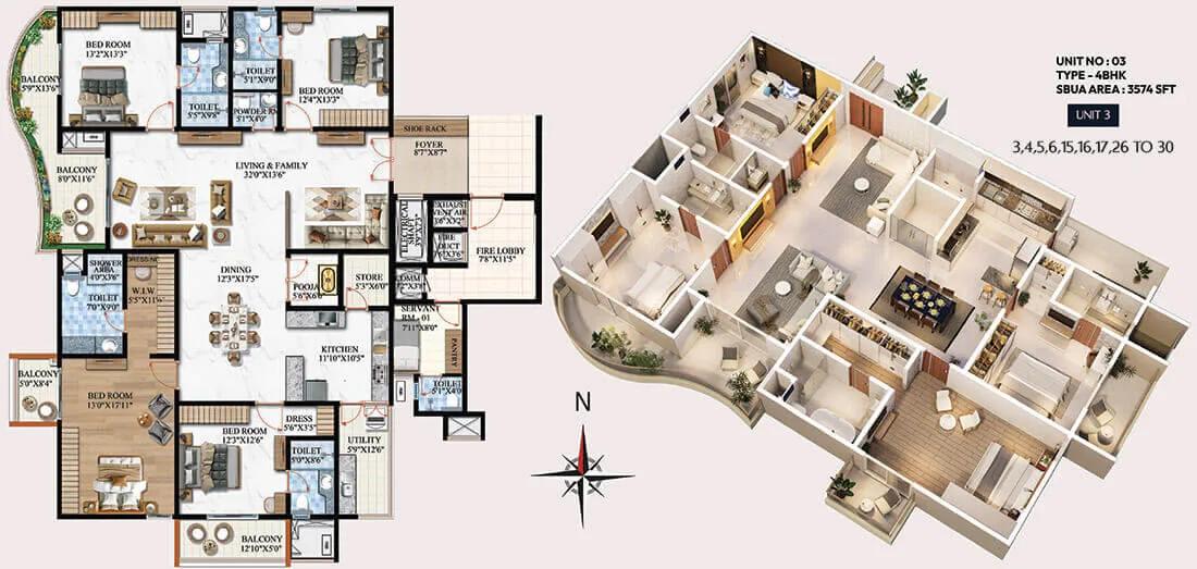 Melange ONE by Vaishnodevi 4 BHK floor plan, about 3,574 sq ft