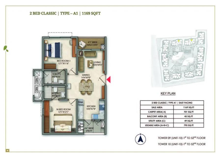 Prestige Golden Grove 2 BHK floor plan, about 1,169 sq ft
