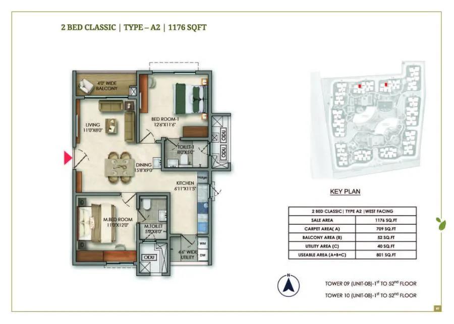 Prestige Golden Grove 2 BHK floor plan, about 1,176 sq ft