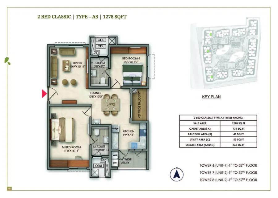 Prestige Golden Grove 2 BHK floor plan, about 1,278 sq ft