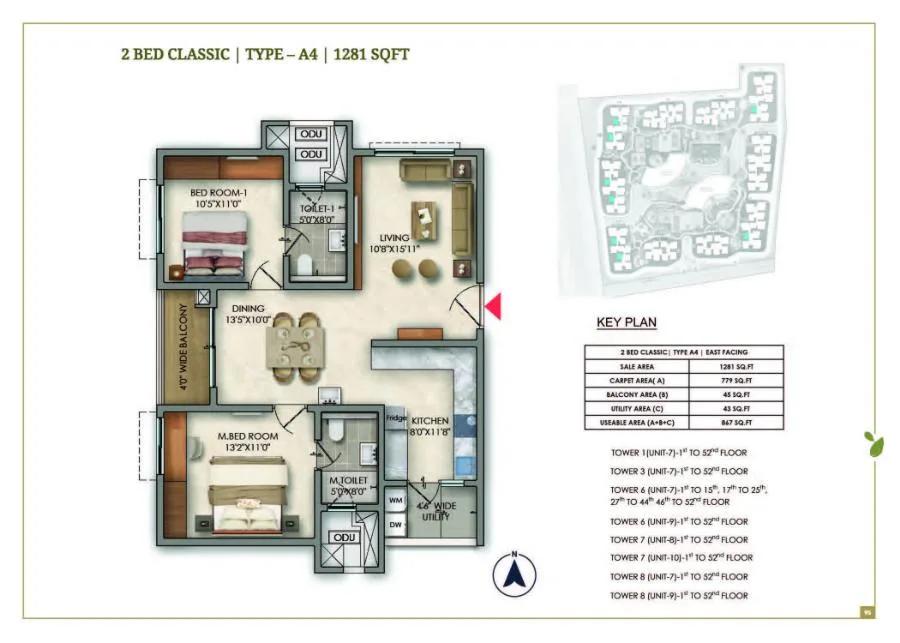 Prestige Golden Grove 2 BHK floor plan, about 1,281 sq ft