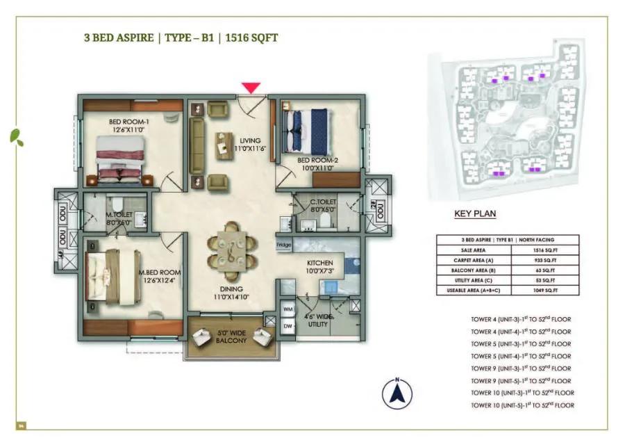 Prestige Golden Grove 3 BHK floor plan, about 1,516 sq ft