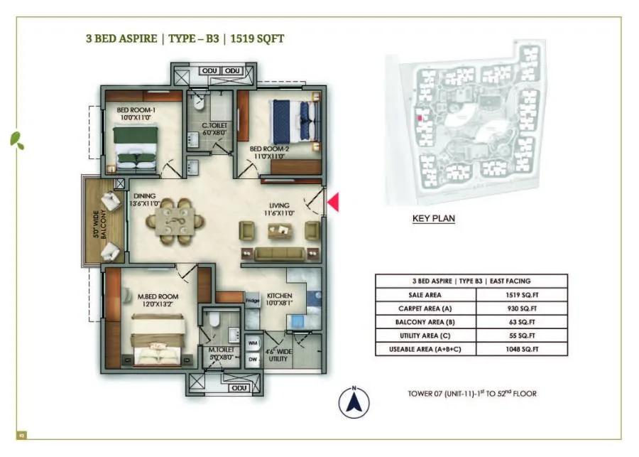 Prestige Golden Grove 3 BHK floor plan, about 1,519 sq ft