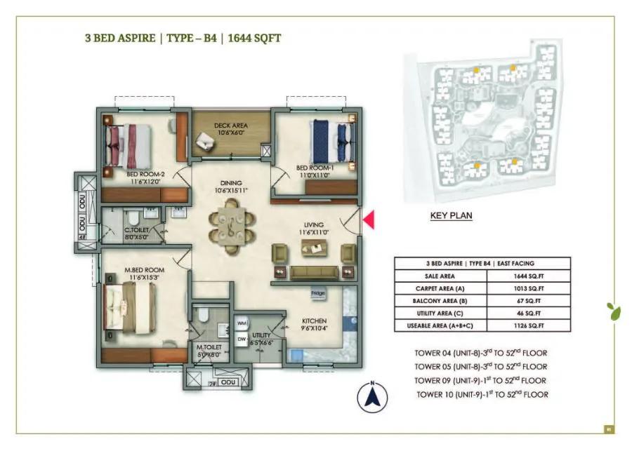 Prestige Golden Grove 3 BHK floor plan, about 1,644 sq ft