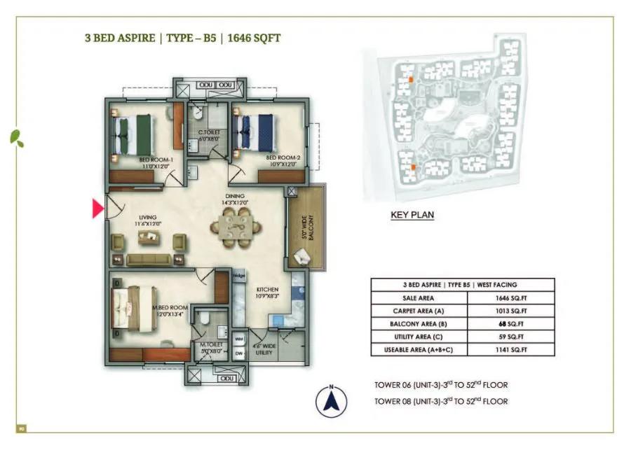 Prestige Golden Grove 3 BHK floor plan, about 1,646 sq ft