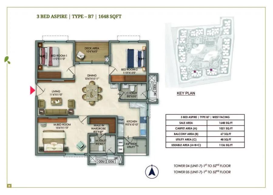 Prestige Golden Grove 3 BHK floor plan, about 1,648 sq ft