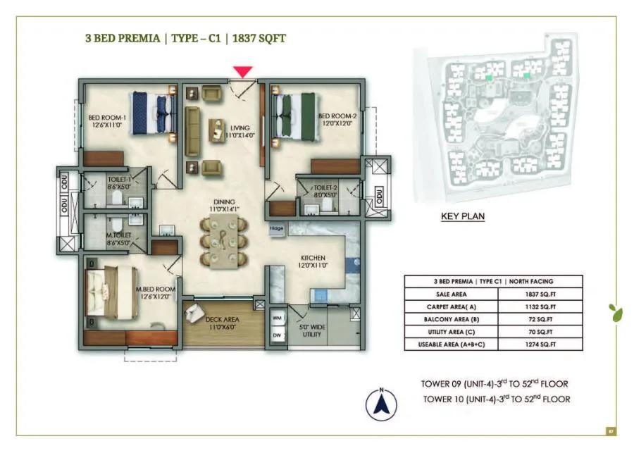 Prestige Golden Grove 3 BHK floor plan, about 1,837 sq ft