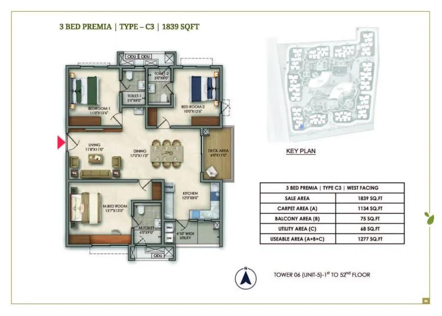 Prestige Golden Grove 3 BHK floor plan, about 1,839 sq ft
