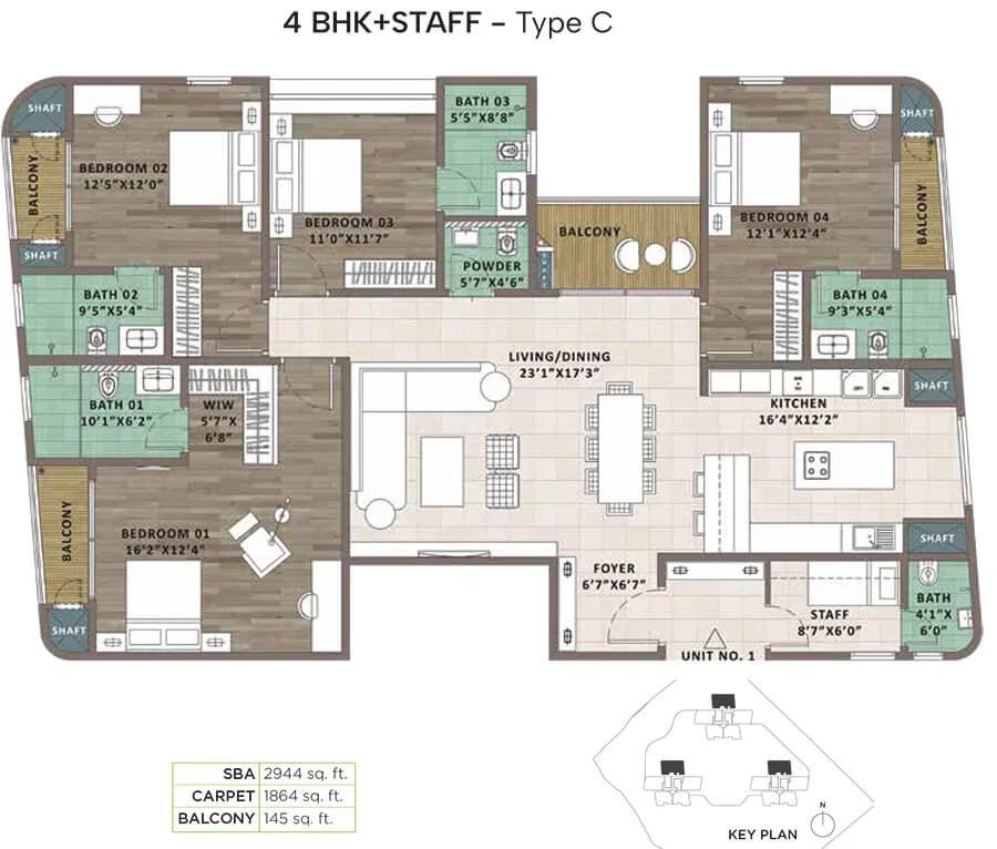 Sattva Aaranya 4 BHK floor plan, about 2,944 sq ft