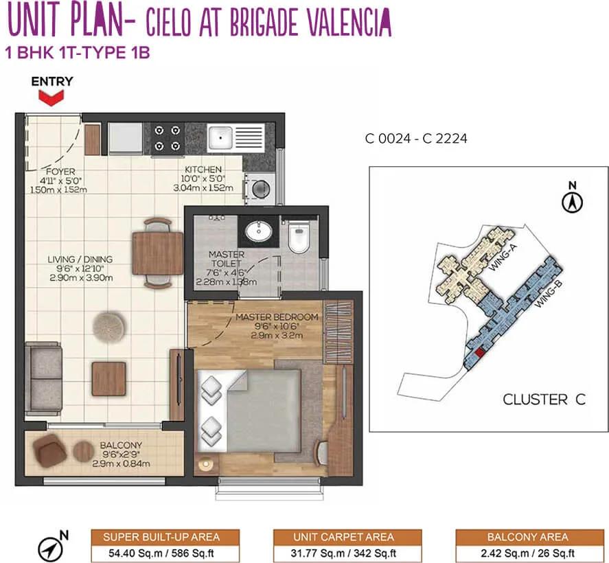Brigade Valencia 1 BHK floor plan, about 586 sq ft