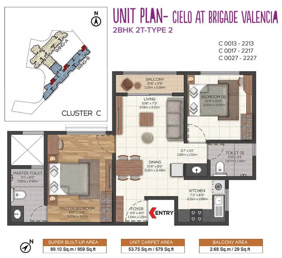 Brigade Valencia 2 BHK floor plan, about 959 sq ft