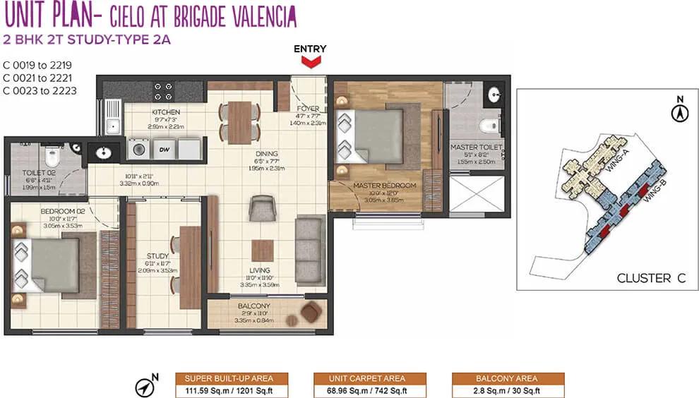 Brigade Valencia 2 BHK floor plan, about 1,201 sq ft