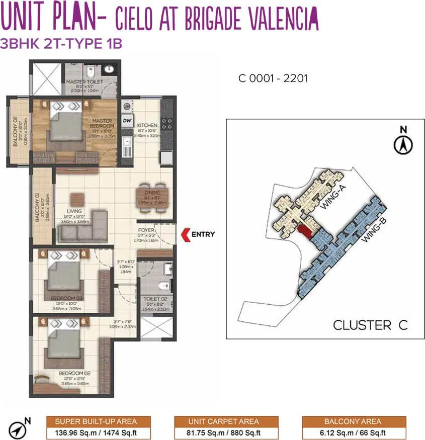 Brigade Valencia 3 BHK floor plan, about 1,474 sq ft