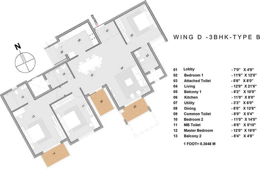 Purva Park Hill 3 BHK floor plan