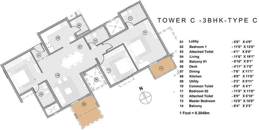 Purva Park Hill 3 BHK floor plan