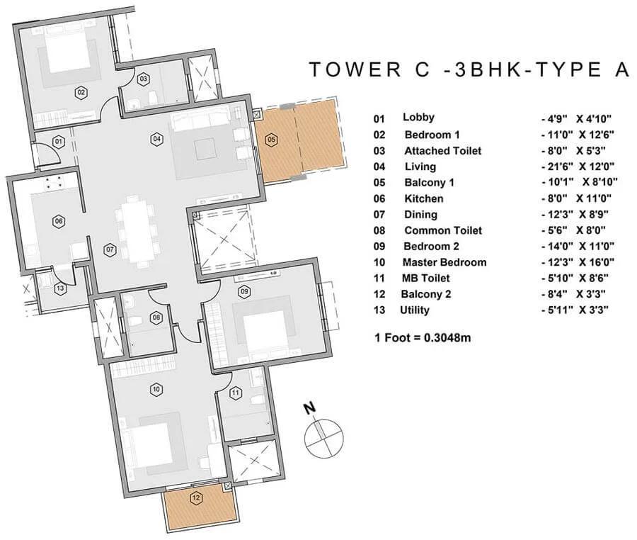 Purva Park Hill 3 BHK floor plan