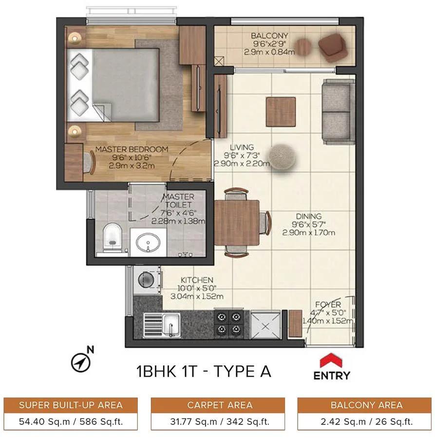 Brigade Valencia Cielo 1 BHK floor plan, about 586 sq ft