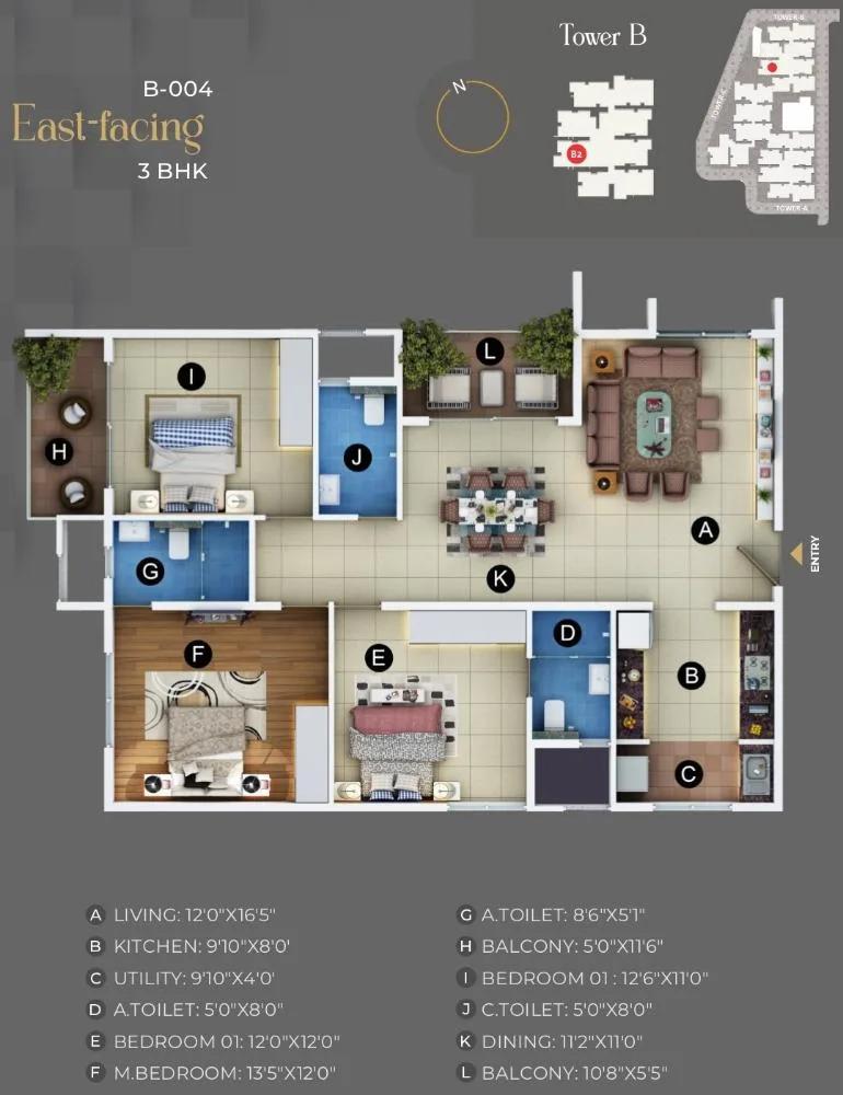 Trendsquares Akino 3 BHK floor plan
