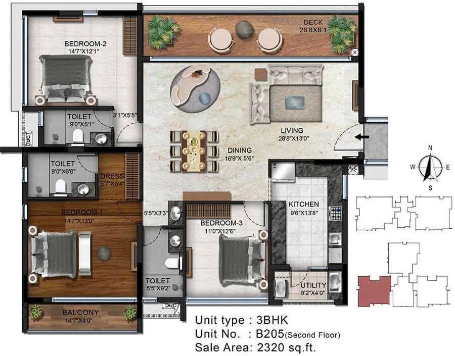 Radiance Platinum 3 BHK floor plan, about 2,320 sq ft