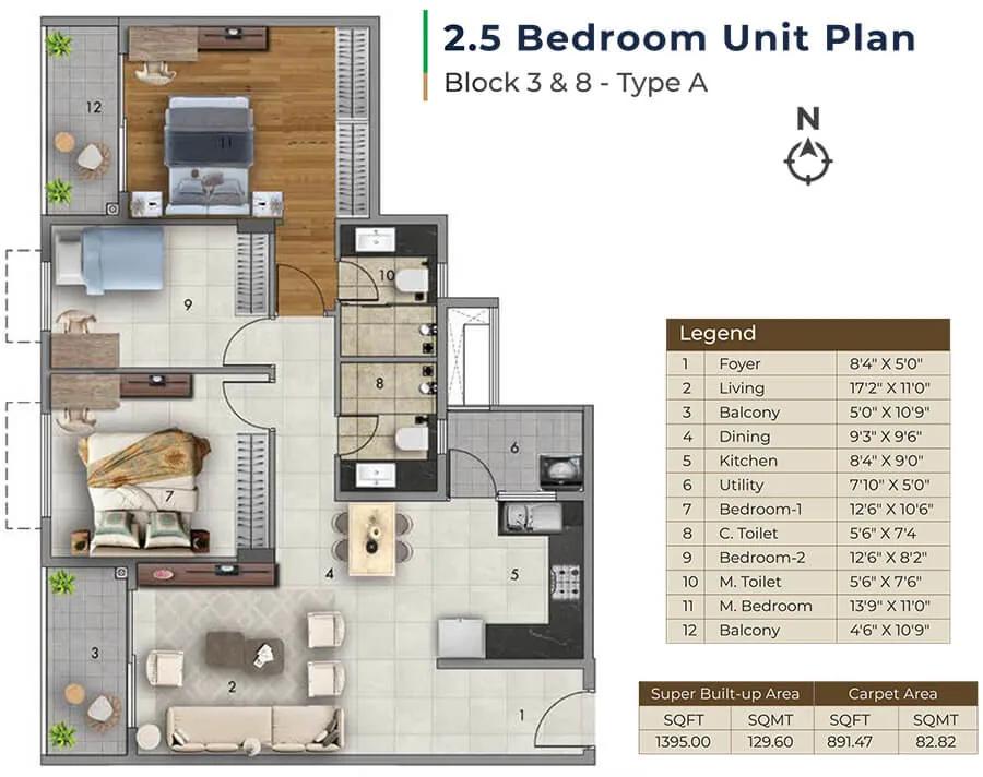 Adarsh Tropica 2.5 BHK floor plan, about 1,395 sq ft