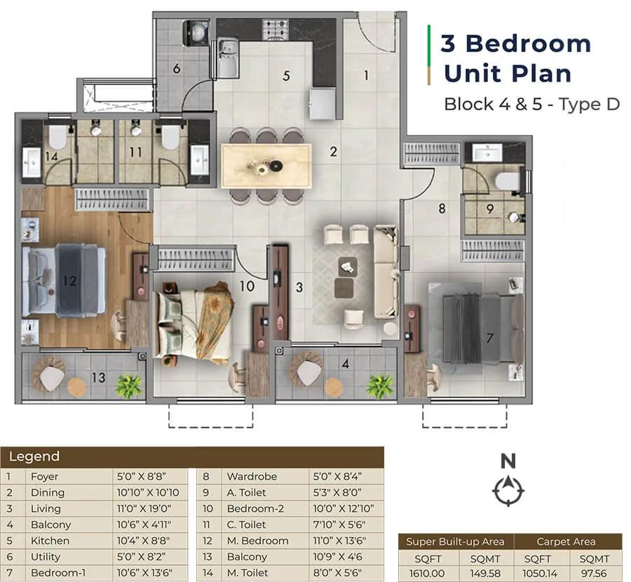 Adarsh Tropica 3 BHK floor plan, about 1,610 sq ft