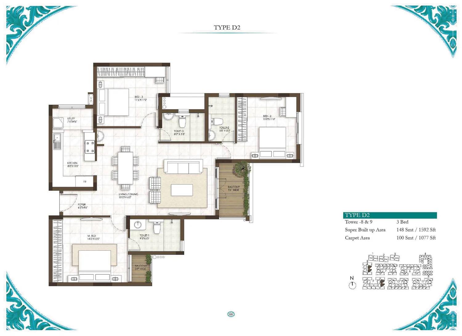 Prestige Courtyards 3 BHK floor plan, about 1,592 sq ft