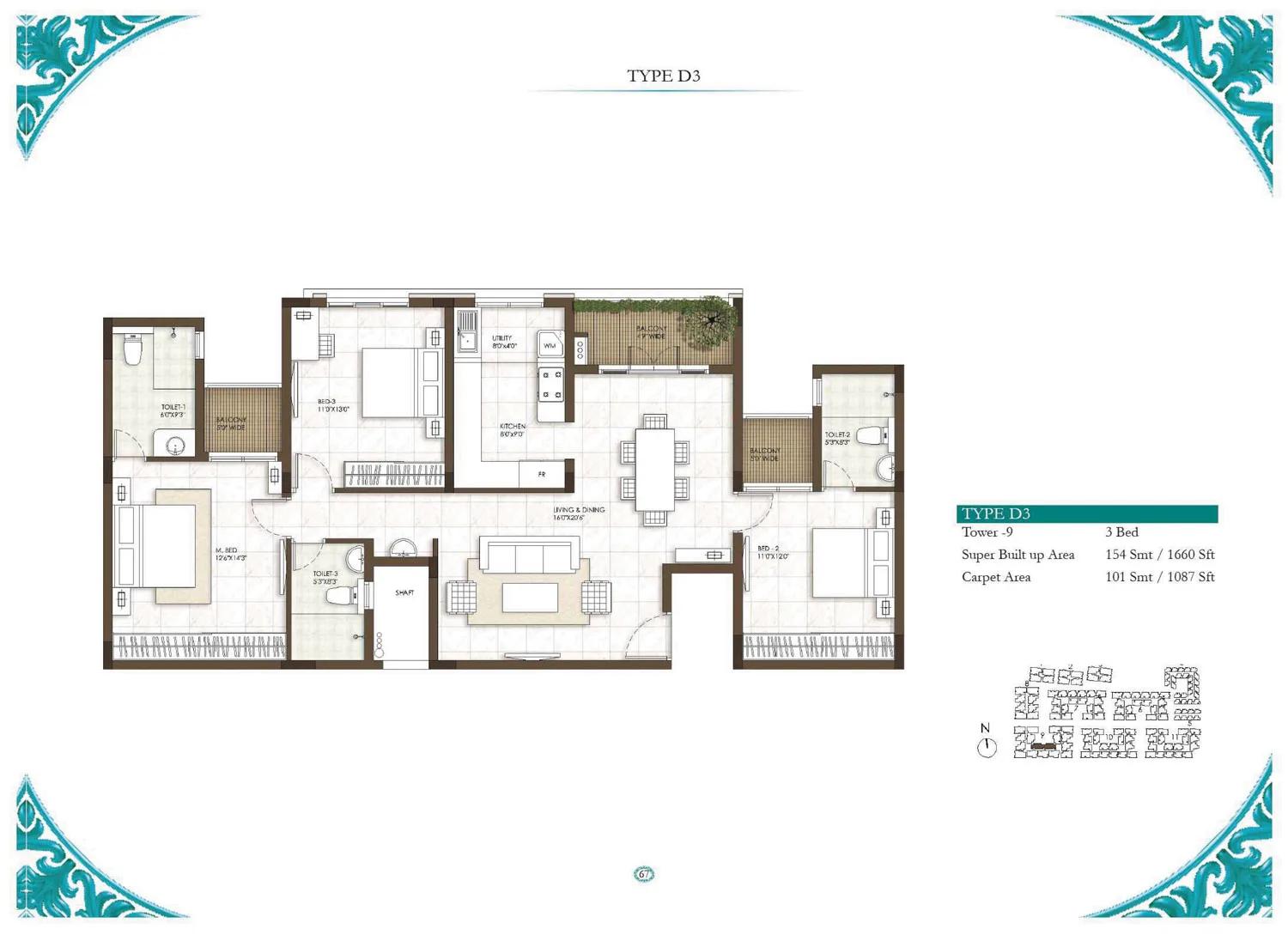 Prestige Courtyards 3 BHK floor plan, about 1,660 sq ft