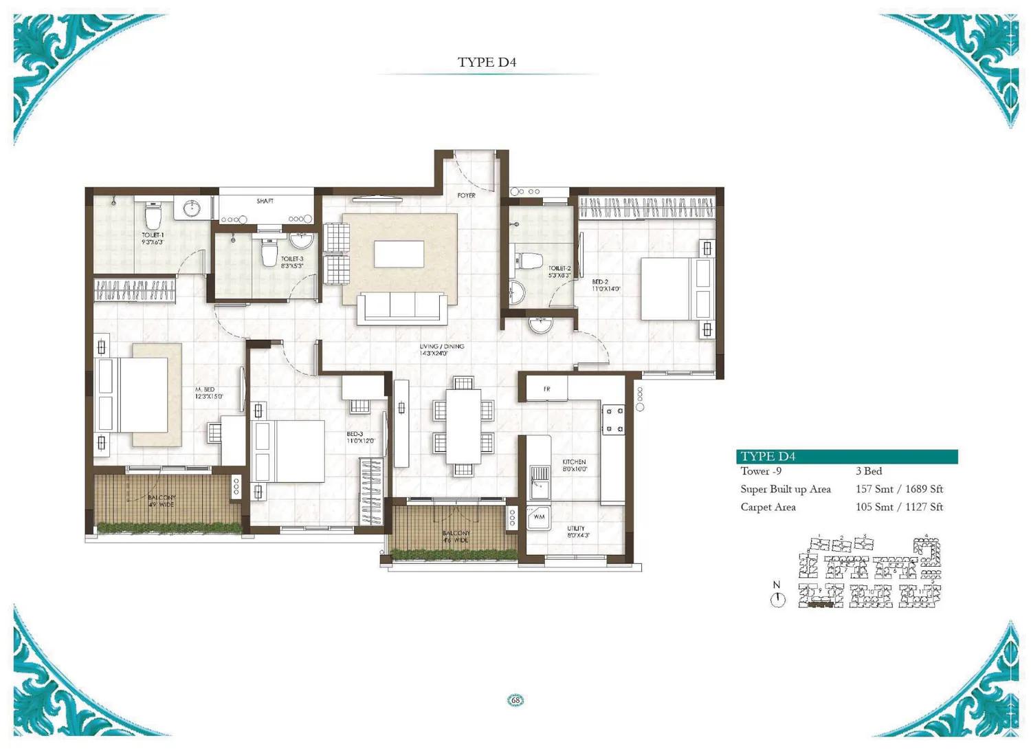 Prestige Courtyards 3 BHK floor plan, about 1,689 sq ft
