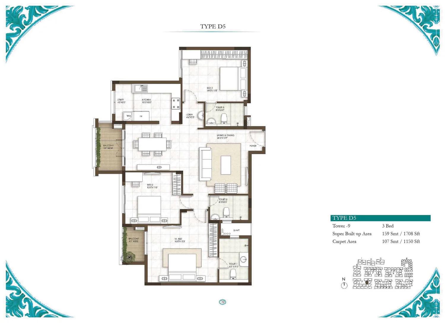 Prestige Courtyards 3 BHK floor plan, about 1,708 sq ft