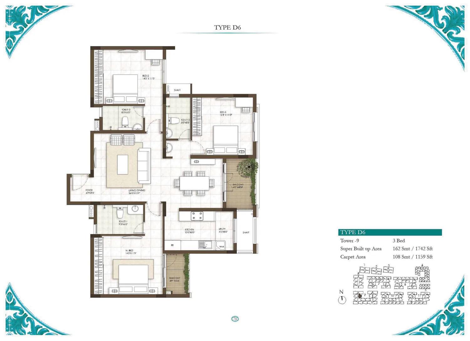 Prestige Courtyards 3 BHK floor plan, about 1,742 sq ft