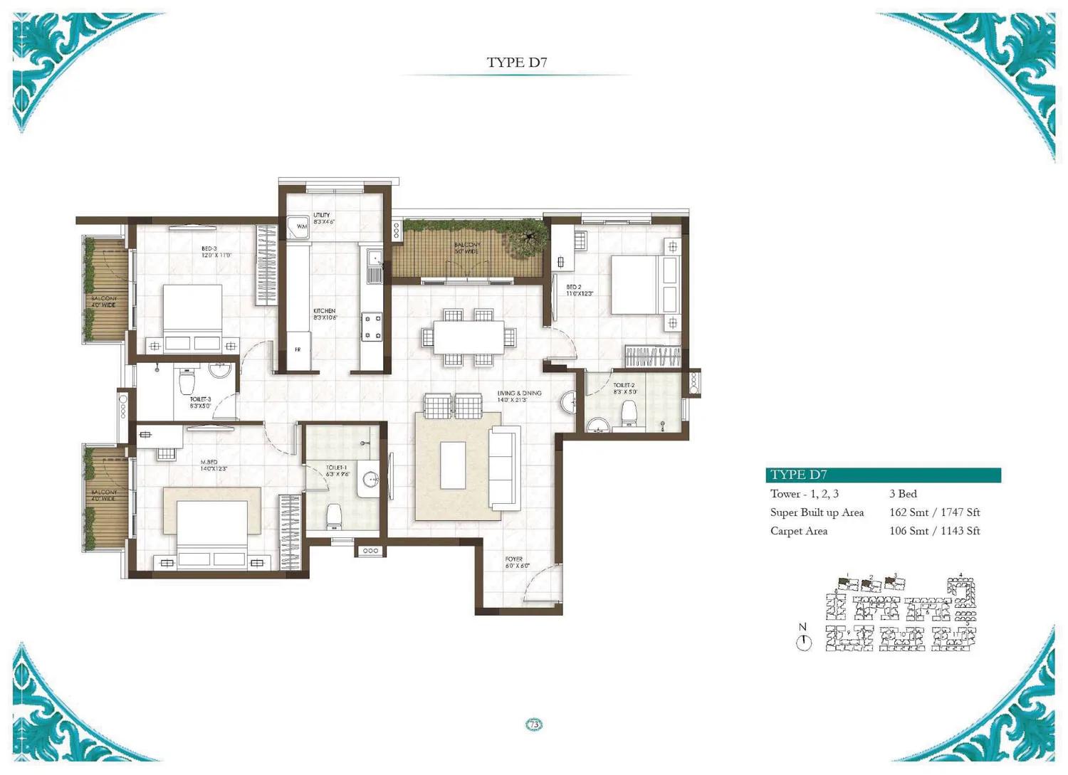 Prestige Courtyards 3 BHK floor plan, about 1,747 sq ft