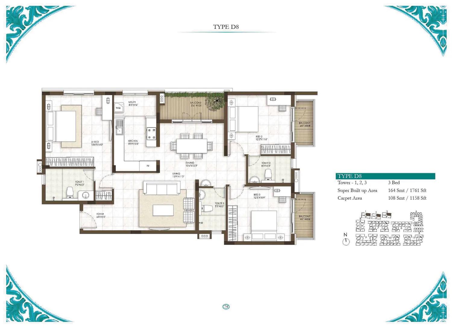 Prestige Courtyards 3 BHK floor plan, about 1,761 sq ft