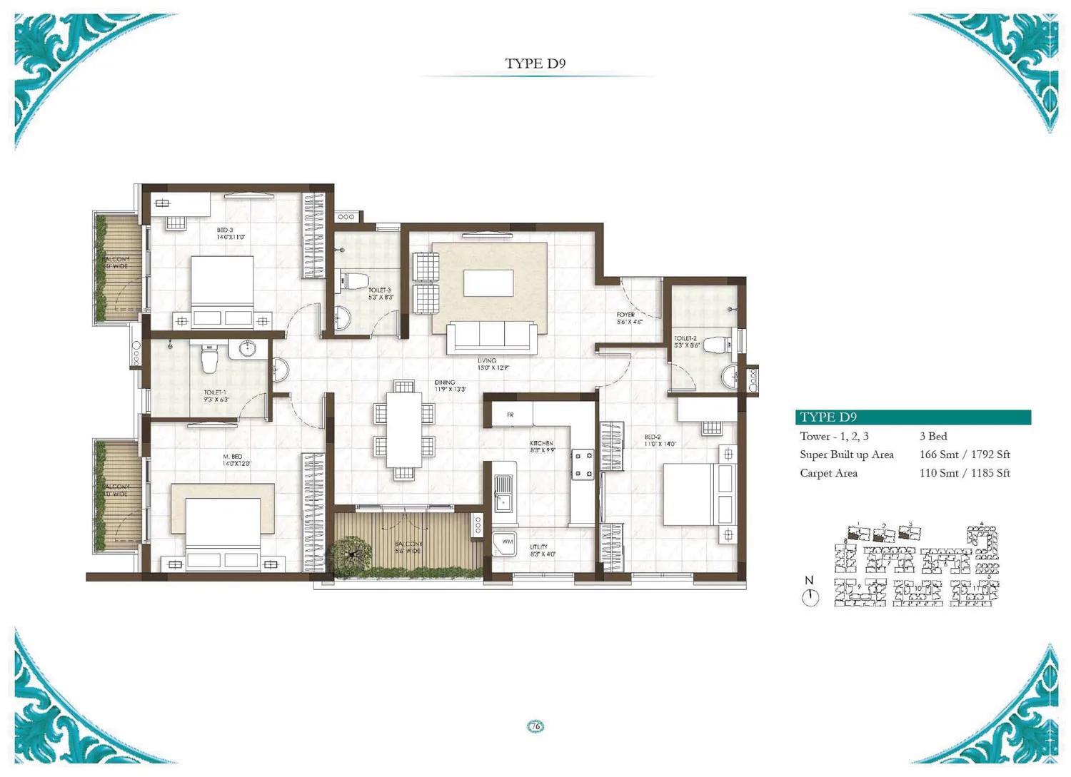 Prestige Courtyards 3 BHK floor plan, about 1,792 sq ft