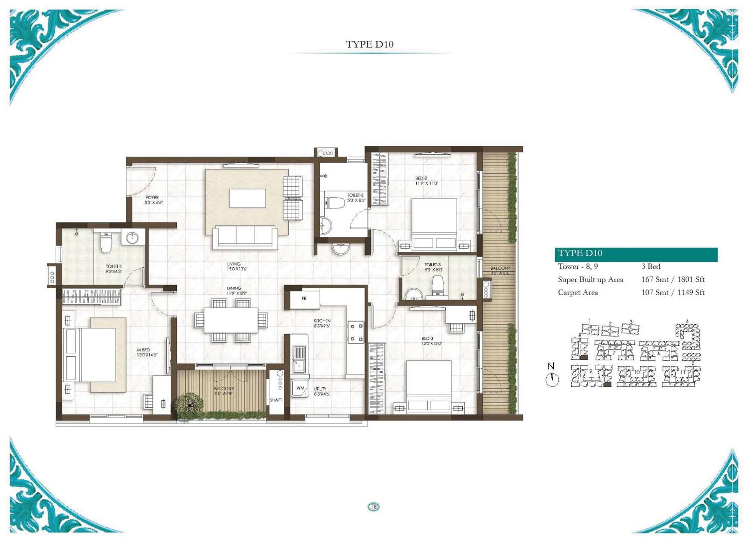 Prestige Courtyards 3 BHK floor plan, about 1,801 sq ft