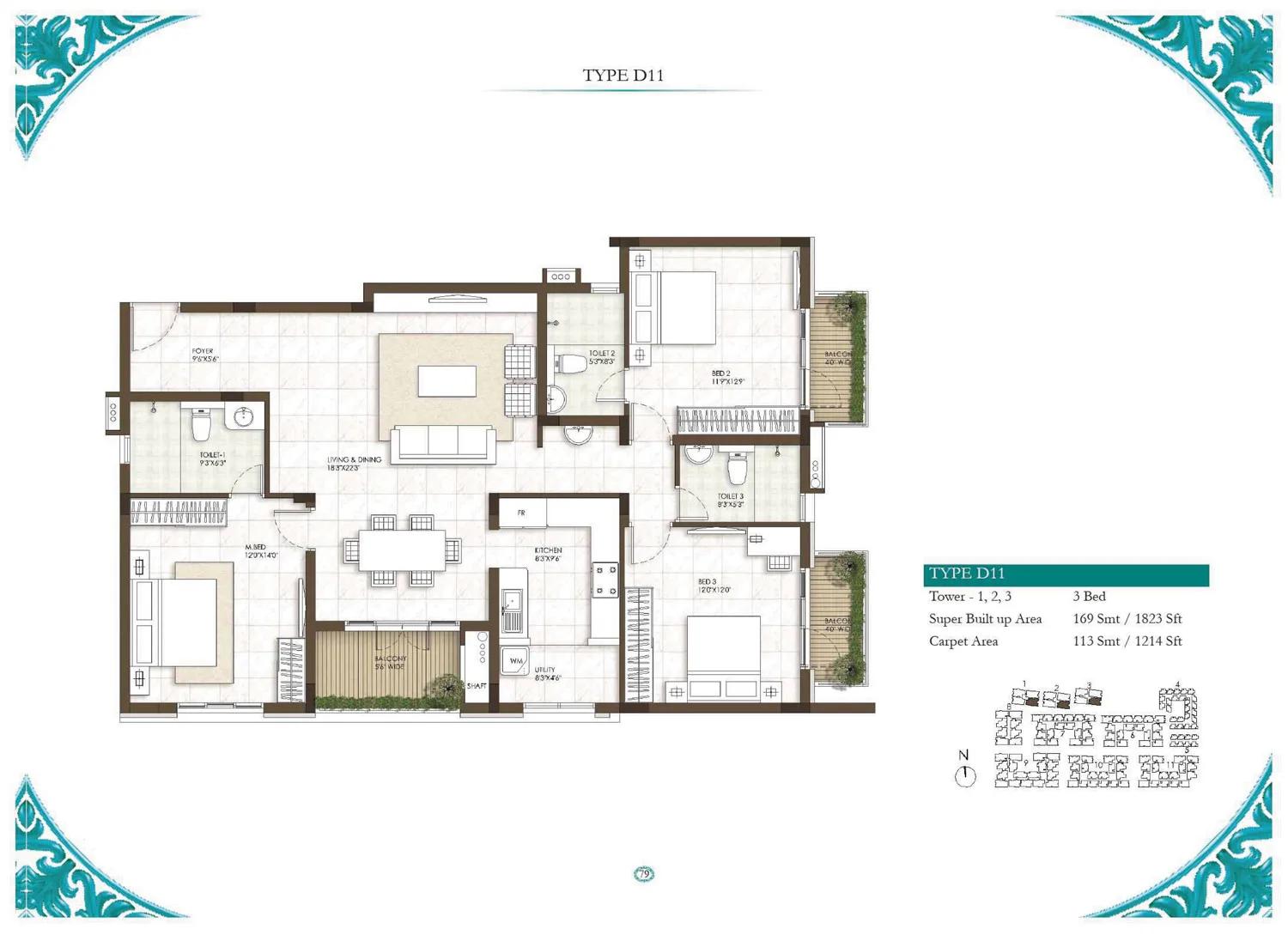 Prestige Courtyards 3 BHK floor plan, about 1,823 sq ft