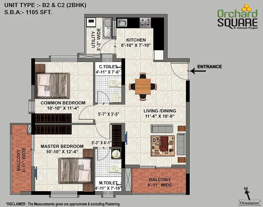 Valmark Orchard Square 2 BHK floor plan, about 1,105 sq ft