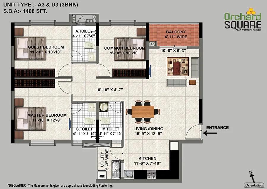 Valmark Orchard Square 3 BHK floor plan, about 1,408 sq ft