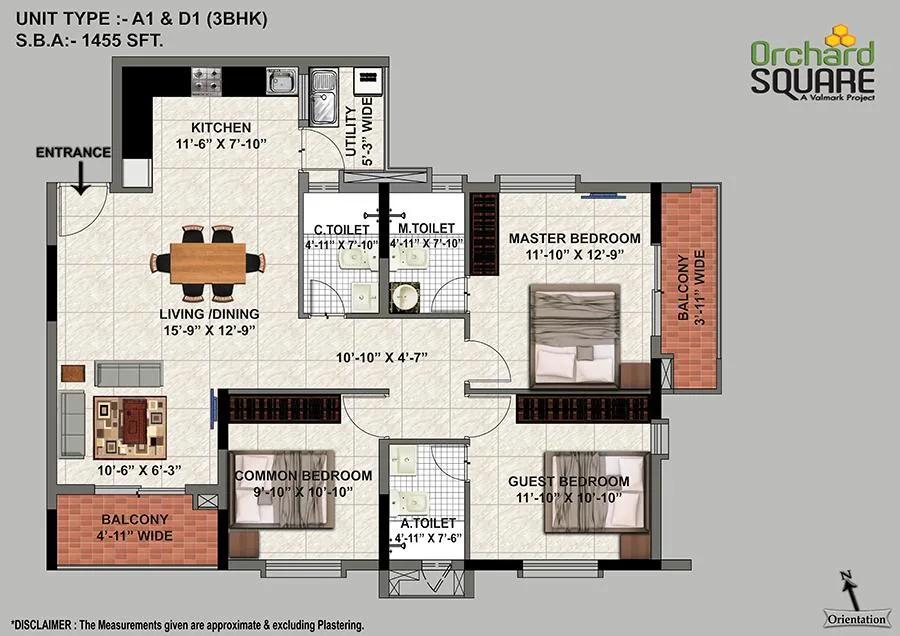 Valmark Orchard Square 3 BHK floor plan, about 1,455 sq ft