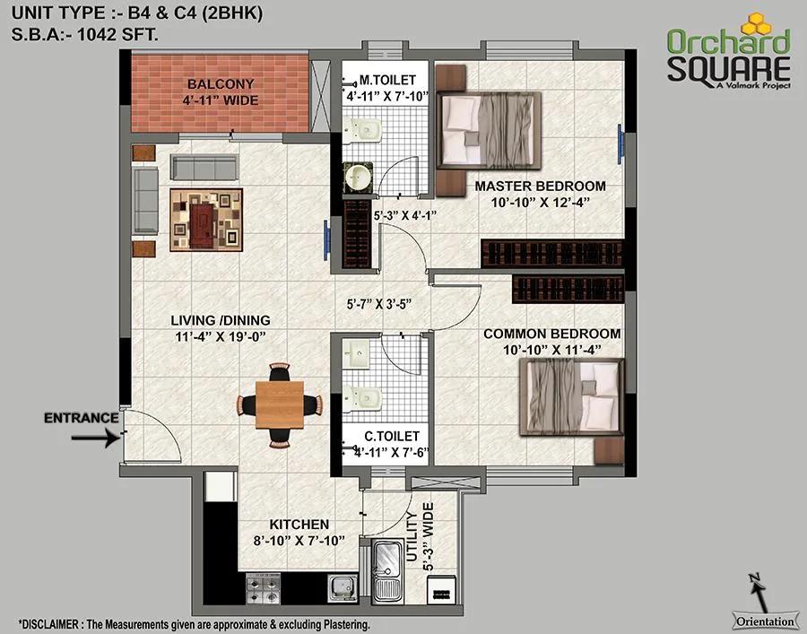 Valmark Orchard Square 2 BHK floor plan, about 1,042 sq ft